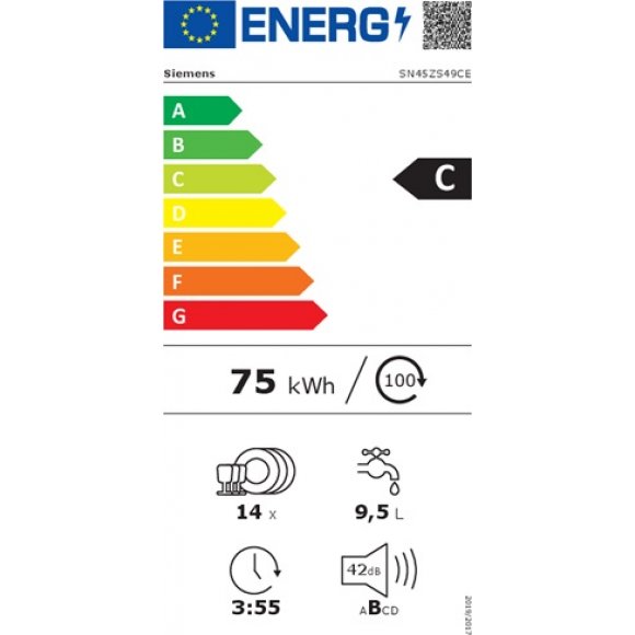 Siemens SN45ZS49CE Opvaskemaskine til indbygning | Energimærke