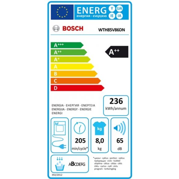 Bosch WTH85V86DN Kondenstørretumbler med varmepumpe | Energimærke