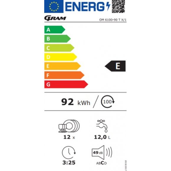 Gram OM 6100-90 T X/1 Opvaskemaskine til indbygning | Energimærkning