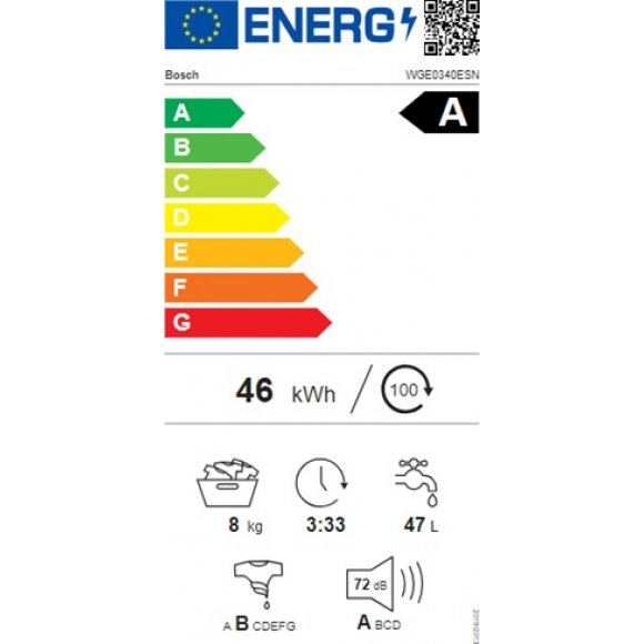 Bosch WGE0340ESN Vaskemaskine, energilabel | Lindved El 