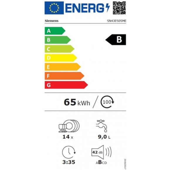 Siemens extraKlasse SN43ES05ME Opvaskemaskine, energilabel | Lindved El 
