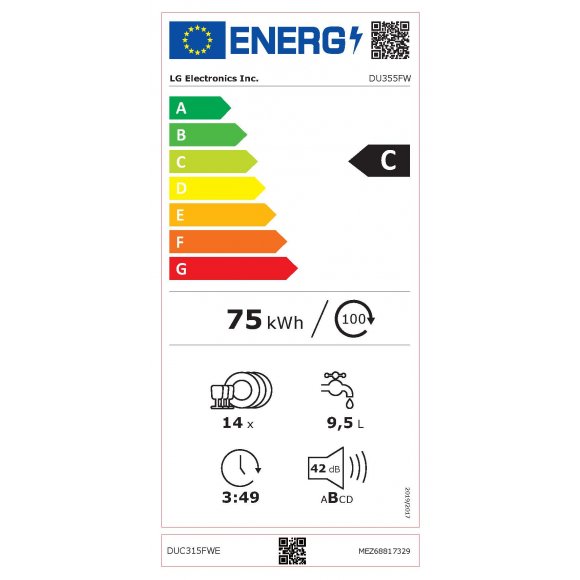 LG - LG DU355FW opvaskemaskine 42db hvid